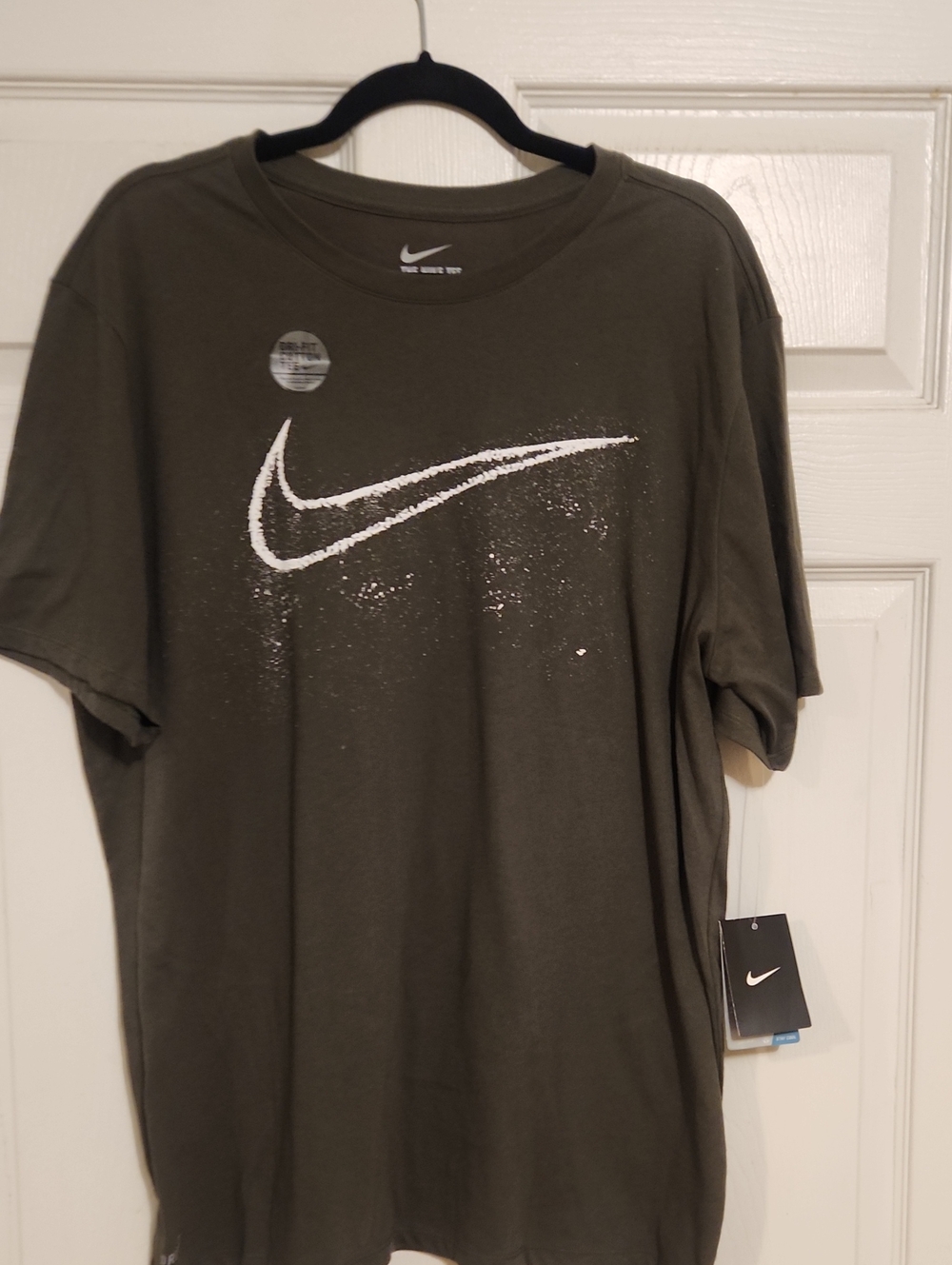 Nike Olive Green Short-Sleeve Tee with Distressed White Swoosh